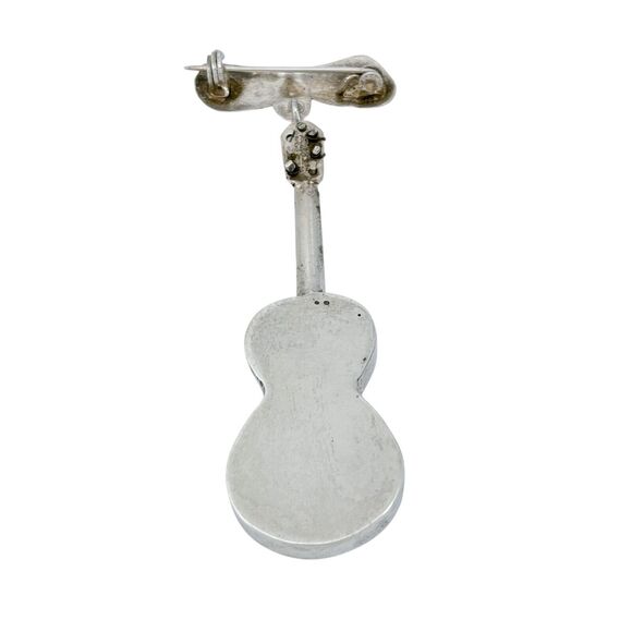 Vintage Mexican Sterling Silver 925 Bow and Guitar Dangle Pin Brooch - Picture 4 of 7